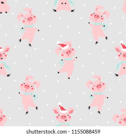 Seamless pattern with cute pig on grey background. Happy new year 2019