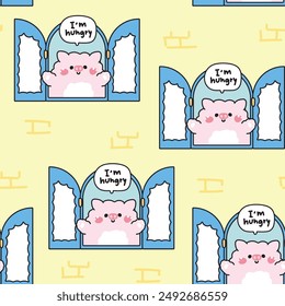 Seamless pattern of cute pig open the window with I am hungry text background.Farm animal character cartoon design.Image for card,sticker,baby product.Kawaii.Vector.Illustration