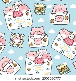 Seamless pattern of cute pig in paper mail have cloud and sunflower cartoon design.Stamp.Message.Card.Have a nice day text.Farm animal character.Kawaii.Vector.Illustration.