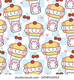 Nahtloses Muster von niedlichen Schwein Fallschirm Kirsche Creme Brot Form Cartoon handgezeichnete Hintergrund.Bäckerei, süß, Dessert.Bauernhof tierischen Charakter.Kawaii.Vektor.Illustration.