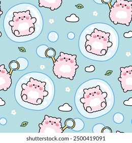 Seamless pattern of cute pig play soap bubble.Pig stay in bubble on sky background.Cloud,leaf,flower.Fun.Play.Farm animal character cartoon design.Kawaii.Vector.Illustration.