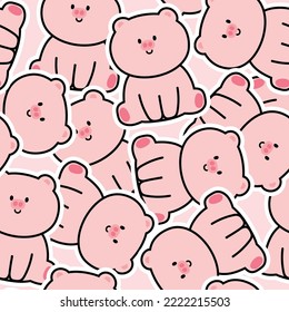 Seamless pattern of cute pig sit sticker background.Farm animal character design.Kid graphic hand drawn.Baby clothing screen.Kawaii.Vector.Illustration.