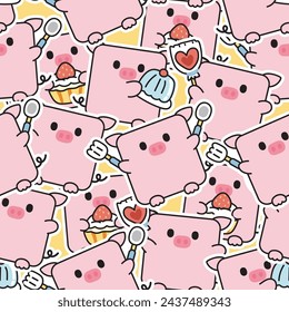 Seamless pattern of cute pig in square shape sticker in various poses with dessert background.Farm animal charcater cartoon design.Kawaii.Vector.Illustration.