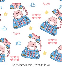Seamless pattern of cute pig stay on classic retro telephone desk heart cloud and star background.Kid graphic.Bow,candy,bakery,cupcake,cookies hand drawn.Farm animal character cartoon.Kawaii