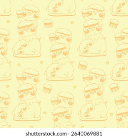 Seamless pattern of cute pig stay on top each other greeting with hamburger line hand drawn background.Farm animal character cartoon design.Relax.Lay.Kawaii.Vector.Illustration.