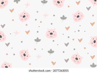 seamless pattern with cute pig, vector textile fabric print vector illustration with heart pattern and Dot pattern