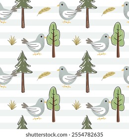 Seamless pattern with cute pigeon and trees. Wild birds. Childish background. Woodland wallpaper.