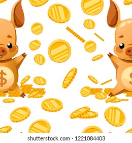 Seamless pattern. Cute piggy bank. Cartoon character design. Little pig play with gold coin. Falling coins. Flat vector illustration on white background.