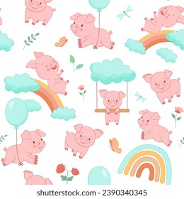 Seamless pattern with cute piggy on rainbow and flying with balloon. Funny farm animal little piglet for textiles or fabric for newborns and nursery.