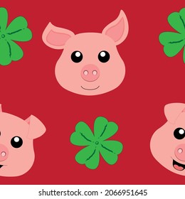 seamless pattern with cute piggy and shamrock with red background. vector