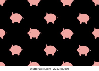 Seamless pattern with cute piggy. Wallpaper print with groovy piglet. Fabric and bed linen print with little pig. Endless background with farm animal on black backdrop.