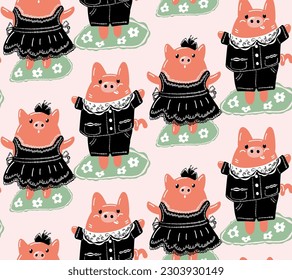 Seamless pattern with Cute piglets in clothes. Vector illustration in cartoon style