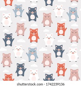 Seamless pattern of cute piglets. Great for fabric, textile. Vector background
