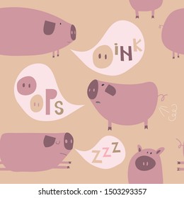 Seamless pattern with the cute pigs 