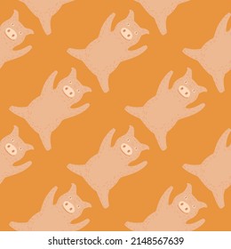 Seamless pattern cute pigs. Background of chubby piggy in doodle style. Repeated design texture for printing, fabric, wrapping, wallpaper, tissue. Vector illustration.