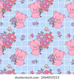 Seamless pattern with cute pigs with bouquet flowers on blue checkered background with butterflies. Festive funny kawaii animal character. Vector illustration. Kids collection