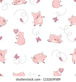 Seamless pattern with cute pigs and butterflies. Vector illustration for kids.