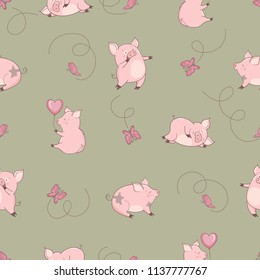 Seamless pattern with cute pigs and butterflies. Vector baby background.