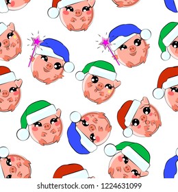 Seamless pattern of cute pigs in christmas caps. The symbol of the Chinese 2019 new year. Vector illustration. Elements for design.