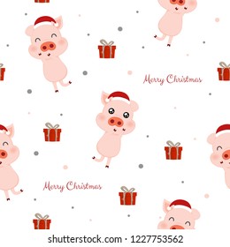 Seamless pattern with cute pigs and gift boxes. 