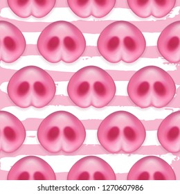 Seamless Pattern of cute Pigs noses. Funny Pig's Snout isolated on hand drawn striped texture backdrop. Greeting symbol of the Chinese 2019 New Year. Vector illustration EPS 10 file.