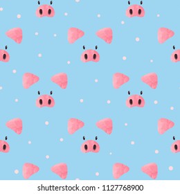 Seamless pattern with cute pigs on blue background.