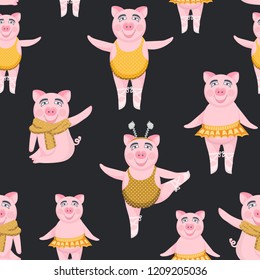 Seamless pattern with cute pigs. Pig is the symbol of the New Year.
