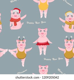 Seamless pattern with cute pigs. Pig is the symbol of the New Year.