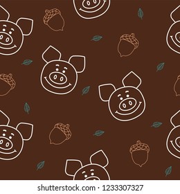 Seamless pattern with cute pigs. Retro kids seamless pattern with colorful pigs and acorns. Baby pattern