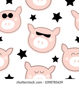 Seamless pattern with cute pigs in sunglasses on a white background with black stars. Vector illustration. Suitable for children's postcards, posters, textiles.