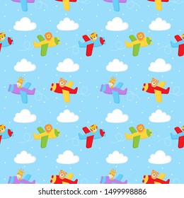 seamless pattern cute pilot animals in air isolated on blue background. vector Illustration.