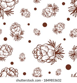 Seamless pattern for cute pine cones. Pattern of cones in sketch style on a white background. Beautiful Christmas background.Vector illustration in Doodle style. For greeting cards, design, decoration