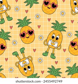 seamless pattern with cute pineapple, flower, heart