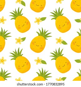 Seamless pattern with cute pineapple flowers and leaves.
