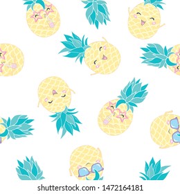 seamless pattern with cute pineapple with glasses. Vector illustration.
