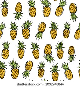 Seamless pattern of cute pineapples on white background. Vector illustration. 