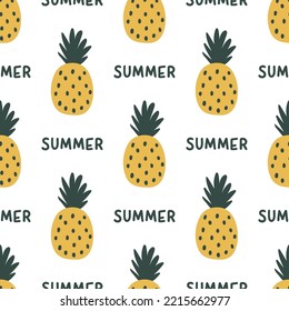 Seamless pattern with cute pineapples and summer text
