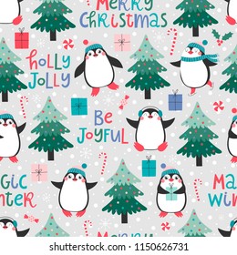 Seamless pattern with cute pinguins, christmas elements and text Merry Christmas, Be joyful, Magic winter, Holly jolly