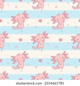 Seamless pattern with cute pink Axolotl on white blue striped background. Funny Little cartoon kawaii character. Vector illustration. Kids collection