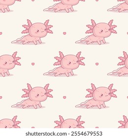 Seamless pattern cute pink Axolotl on white background. Funny Little cartoon kawaii character. Vector illustration. Kids collection