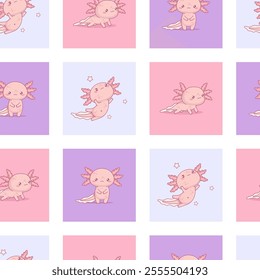 Seamless pattern with cute pink Axolotl. Funny multi-colored checkered background with little cartoon kawaii character. Vector illustration. Kids collection