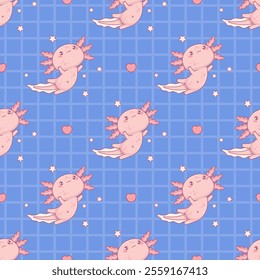 Seamless pattern with cute pink Axolotl on blue checkered background. Funny Little swimming marine cartoon kawaii character. Vector illustration. Kids collection