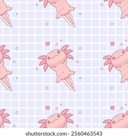 Seamless pattern with cute pink Axolotl on light blue checkered background. Funny Little cartoon kawaii character. Kids collection. Vector illustration