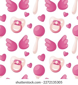 Patrón sin foco con un lindo bebe de color rosa, alas de ángel, rattle, corazones. Niño pezón, ratchet, pacificador. Invitación a la ducha para bebés. Es una chica. Hola, cariño, fiesta, evento. Cartel, volante. 