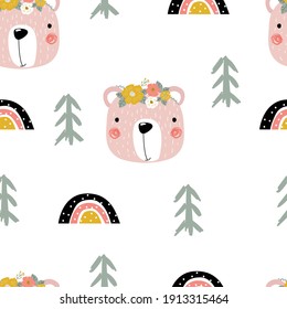 Seamless pattern with cute pink bear, rainbow and Christmas trees on white background. Vector illustration for printing on clothing, packaging paper, postcards, posters, banners. Cute baby background