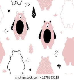 Seamless pattern with cute pink bears. Forest elements. Children's background. Suitable for printing on fabric, clothing, textiles, wallpaper, paper.