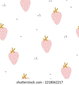 Patrón sin foco con fresa de baya rosa lindo sobre fondo blanco estilo escandinavo para tela infantil, textil, vivero, papel pintado