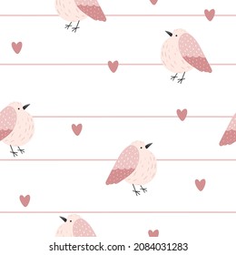 Seamless pattern with cute pink bird with flowers, heart and stripes on white background in cartoon style for design, fabric, print, textile