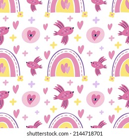 Seamless pattern with cute pink bird, hearts, rainbows on a white backfround. Vector graphics for prints on childrens clothes, t-shirts, pillows, wallpapers, packaging, packages.