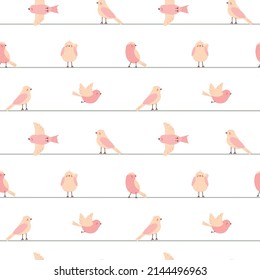 Seamless pattern with cute pink birds and green stripes on a white background. Childish simple vector illustration for design, fabric and textiles.